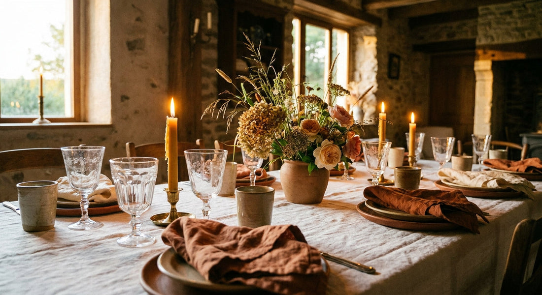 A warmly lit dinner table set with folded linen napkins, glassware, and a floral centrepiece, bathed in soft candlelight against a rich, earthy colour palette.