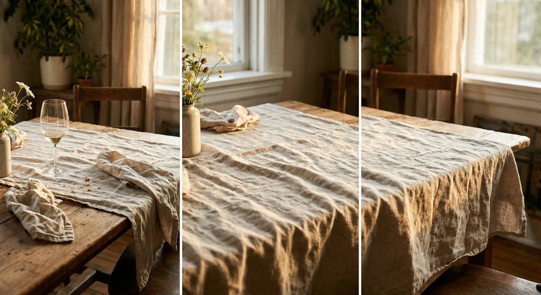 A softly rumpled natural linen tablecloth in warm afternoon light, its beautifully textured weave and lived-in character the focal point of a relaxed dining scene.