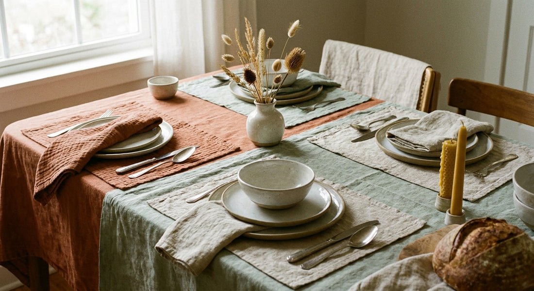 A warmly lit dining table styled with layered mix-and-match linen tablecloths and napkins in earthy terracotta, sage, and oat tones, accented with simple ceramic tableware and dried botanicals.