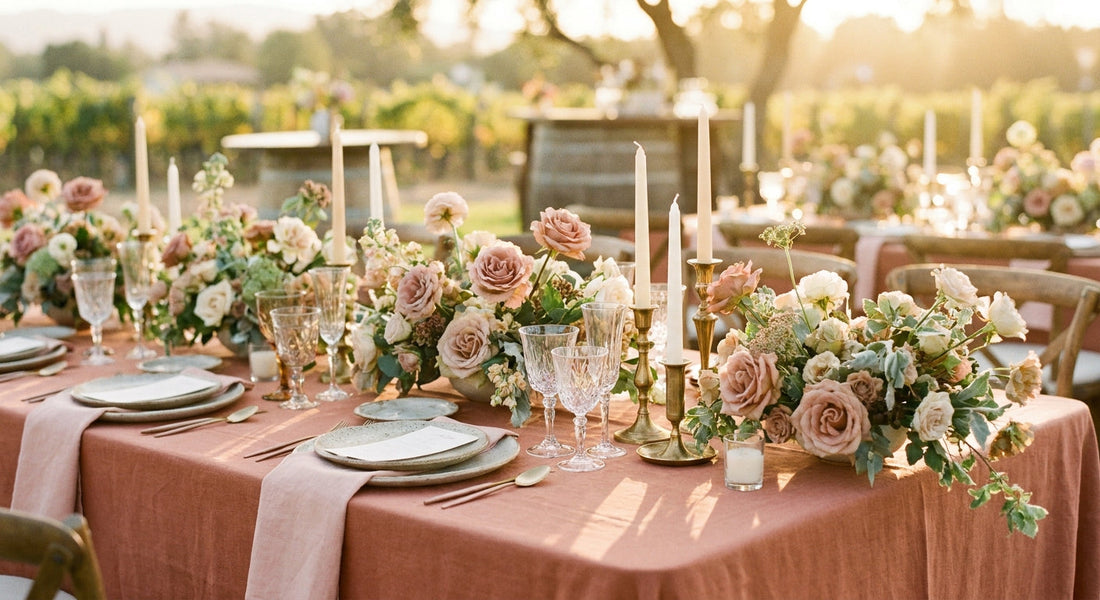 A warmly lit wedding reception table styled with a terracotta linen tablecloth, blush napkins, ivory candles, and loose garden florals in a relaxed, elegant tablescape.