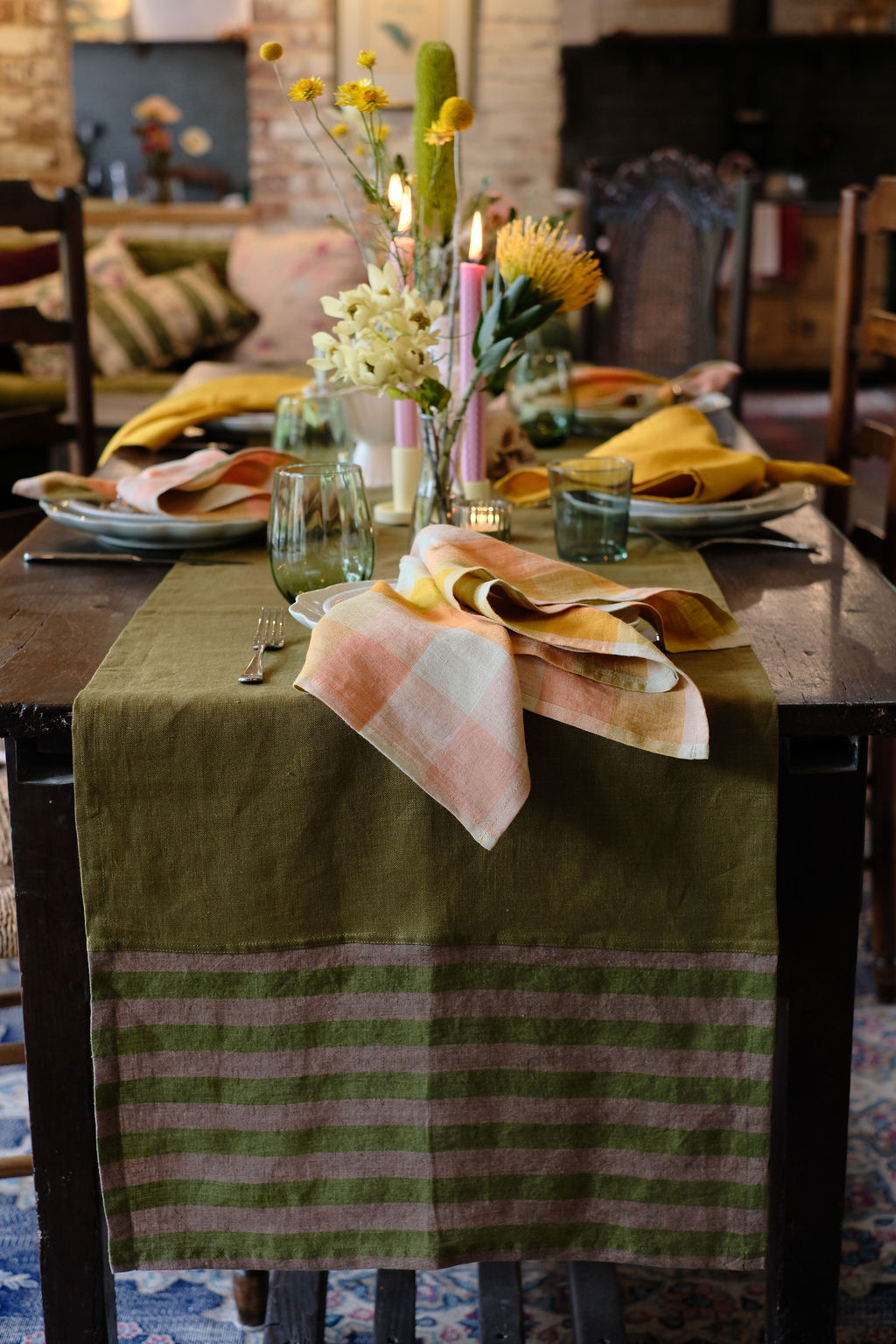 Olive and Mocha Stripe Linen Table Runner
