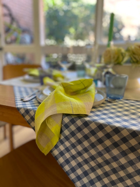 Blue Porcelain Checked Linen Cotton Tablecloth